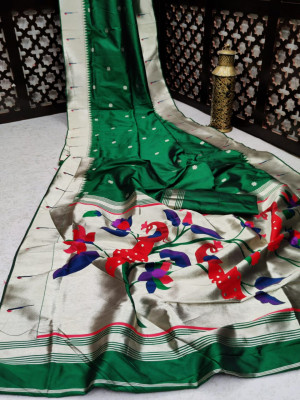 Green color banarasi soft silk paithani saree with zari border