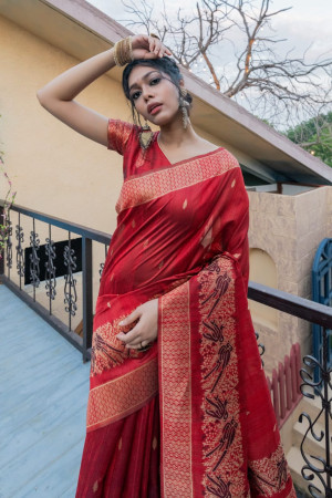 Red color pure tussar silk saree with woven design