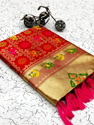 Red color soft banarasi silk saree with golden zari work