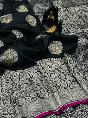 Black color banarasi silk saree with jacquard weaving rich pallu