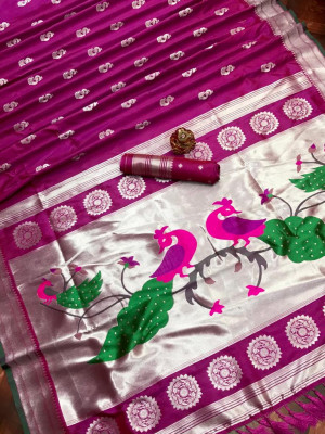 Rani pink color paithani silk saree with silver zari weaving work