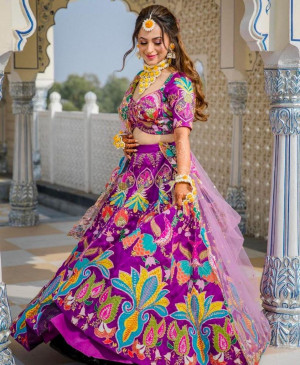 Multi color mulberry silk lehenga with heavy sequence embroidery work