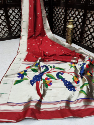 Red color banarasi soft silk paithani saree with zari border