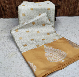 Yellow and off white color banarasi art silk saree with zari weaving work