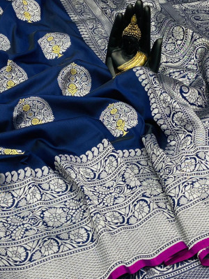 Navy blue color banarasi silk saree with jacquard weaving rich pallu