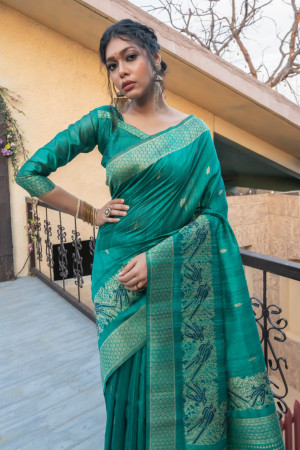 Rama green color pure tussar silk saree with zari border & pallu