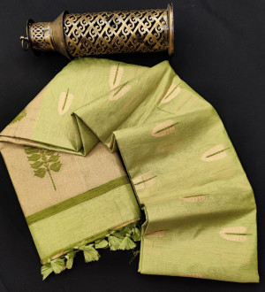pista green  color matalic linen saree with zari weaving border& gorgeous pallu