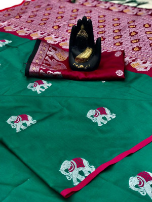 Rama green color lichi silk saree wit silver zari weaving work