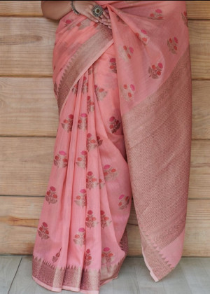 Pink color linen cotton saree with zari weaving border