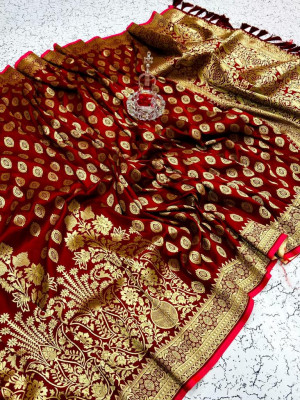 Maroon color soft silk saree with golden zari work