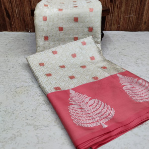 Pink and off white color banarasi art silk saree with zari weaving work