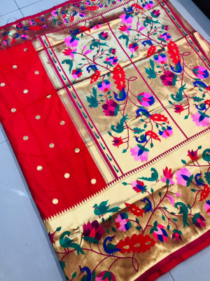 Red color paithani pure silk saree with zari work
