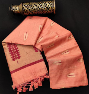 peach color matalic linen saree with zari weaving border & gorgeous pallu