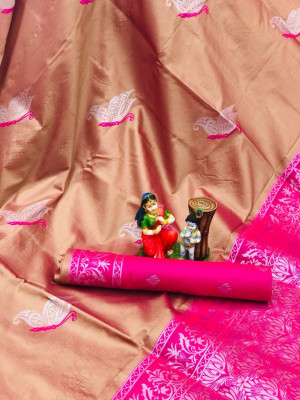 Peach color lichi silk two tone saree with meenakari & silver zari weaving work