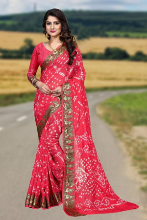 Gajari color soft bandhani saree with hand bandhej print