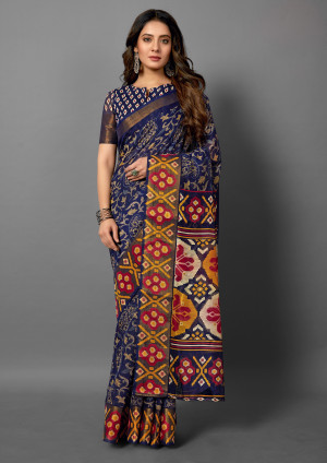 Navy blue color cotton silk saree with printed work