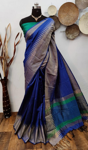 Royal blue color raw silk weaving saree with temple woven border
