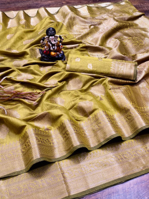 Mehndi green color cotton saree with designer golden zari weaving work