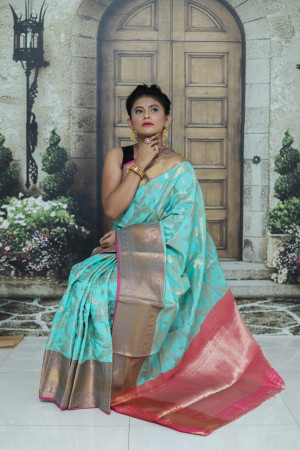 Sea green color kanchipuram handloom weaving silk saree with zari woven work