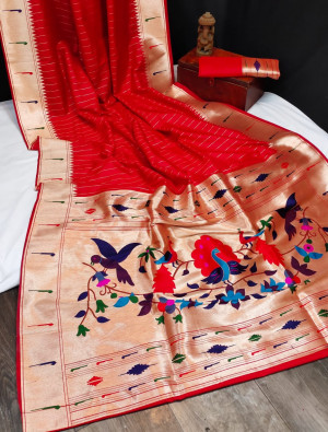 Red color paithani saree with zari weaving contrast work