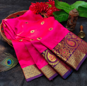 Pink color soft lichi silk saree with rich pallu