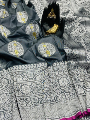 Gray color banarasi silk saree with jacquard weaving rich pallu