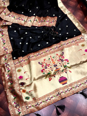 Black color paithani silk saree with full stitching pallu & border