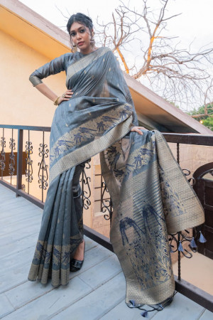 Gray color pure tussar silk saree with woven design