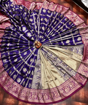 Violet color banarasi silk saree with golden zari work