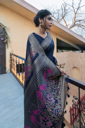 Navy blue color pure tussar silk saree with Woven design