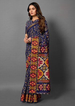 Navy blue color cotton silk saree with printed work