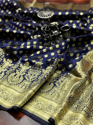 Navy blue color banarasi soft silk saree with gold zari woven border