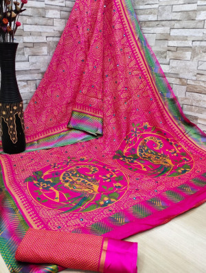 Pink color soft cotton kalamkari print saree with mirror work