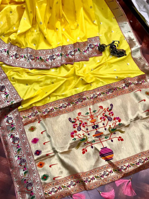 yellow color paithani silk saree with full stitching pallu & border