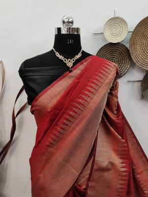 Red color raw silk weaving saree with temple woven border