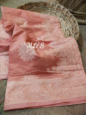 Peach color cotton silk saree with chikankari weaving work