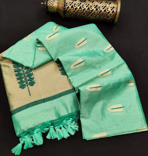 Sea green color matalic linen saree with zari weaving border & gorgeous pallu