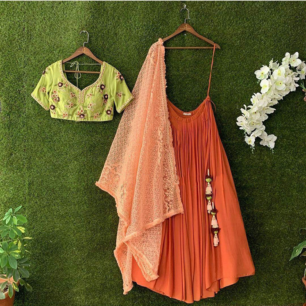 Buy Orange artisanal printed lehenga set by Kalista at Aashni and Co