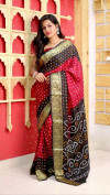 multi color bandhej silk saree with khadi printed work