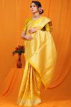 Yellow color kanchipuram handloom silk saree with golden zari work