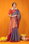 Navy blue color soft muslin silk saree with zari weaving work