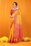 Yellow color muslin silk saree with zari woven work