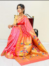 Baby pink color soft paithani silk saree with golden zari weaving work