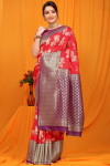 Red color kanchipuram pure silk handloom saree with weaving work