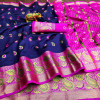 Navy blue color soft lichi silk saree with golden zari weaving work