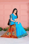 Sky blue color soft bandhani saree with khadi printed work