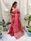 Rani pink color hand bandhej silk saree with zari weaving work