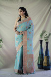 Sky color tussar silk saree with golden zari weaving work