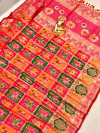Pink color soft patola silk saree with golden zari weaving work