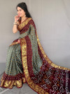 Multi color bandhani silk saree with khadi printed work
